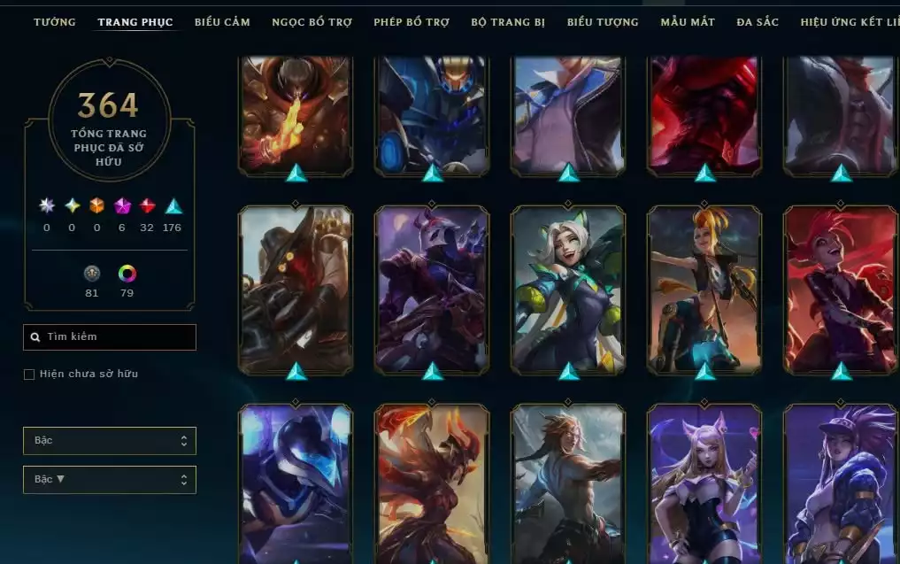 Ảnh 364 skin + Full champ + urank đẹp