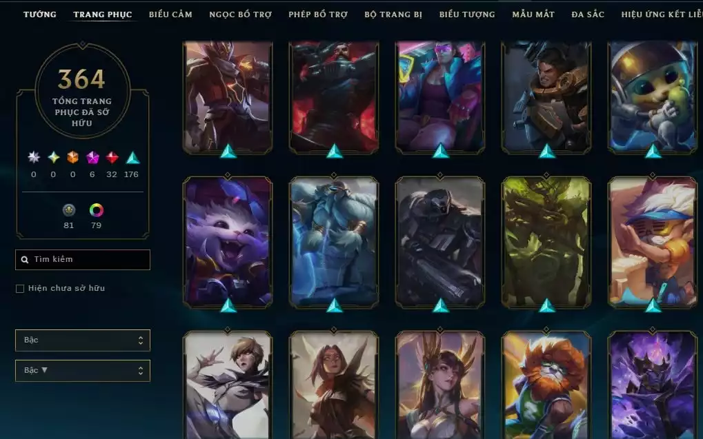Ảnh 364 skin + Full champ + urank đẹp