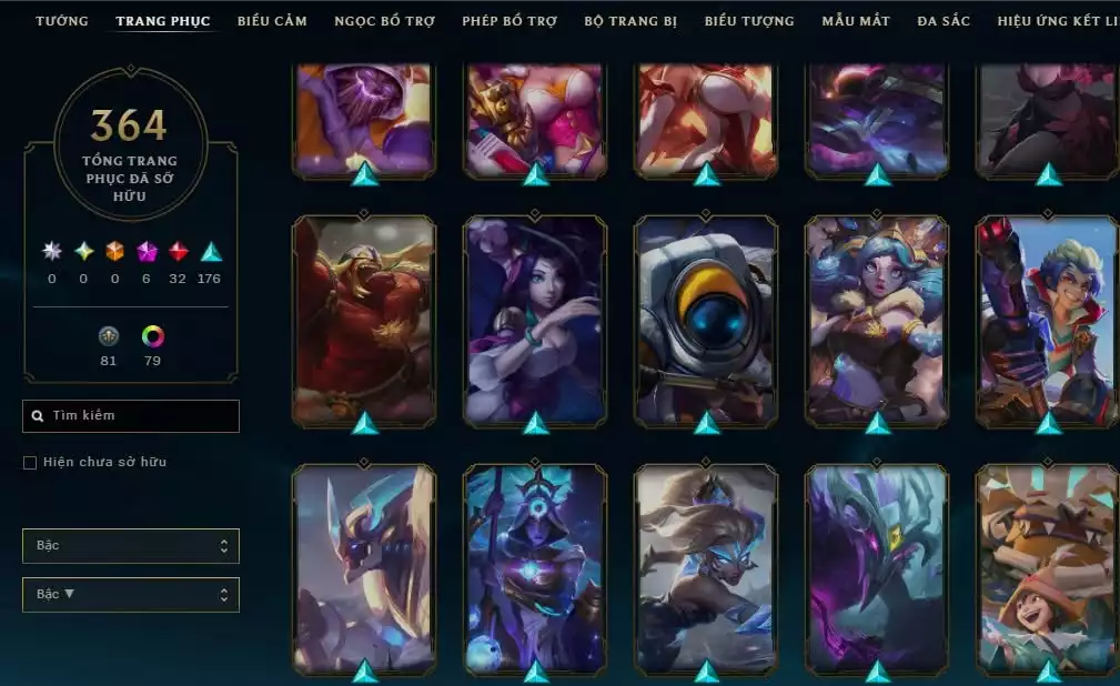 Ảnh 364 skin + Full champ + urank đẹp